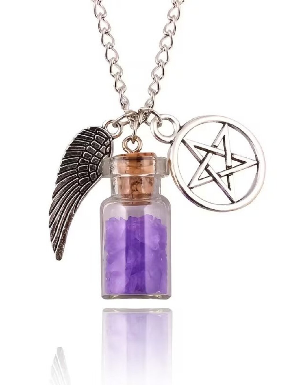 Supernatural Charm Goth Angel Wing Pentagram Salt Pendant Protection Necklace